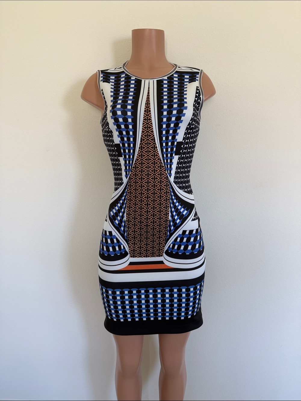 Clover Canyon Geo-Print Mini Dress in Blue, Black, White & Brown size medium